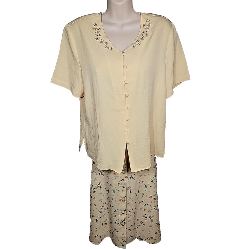 Vintage The Villager Set Yellow Floral Embroidered Top & Skirt Size 14 P